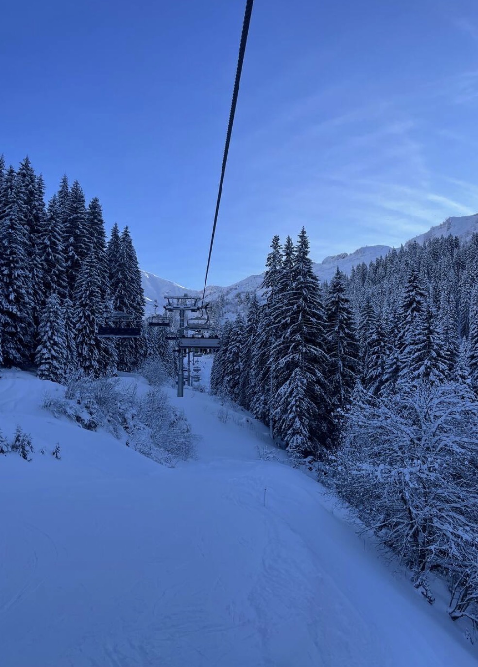Télésiège enneigé dans les sapins en hiver